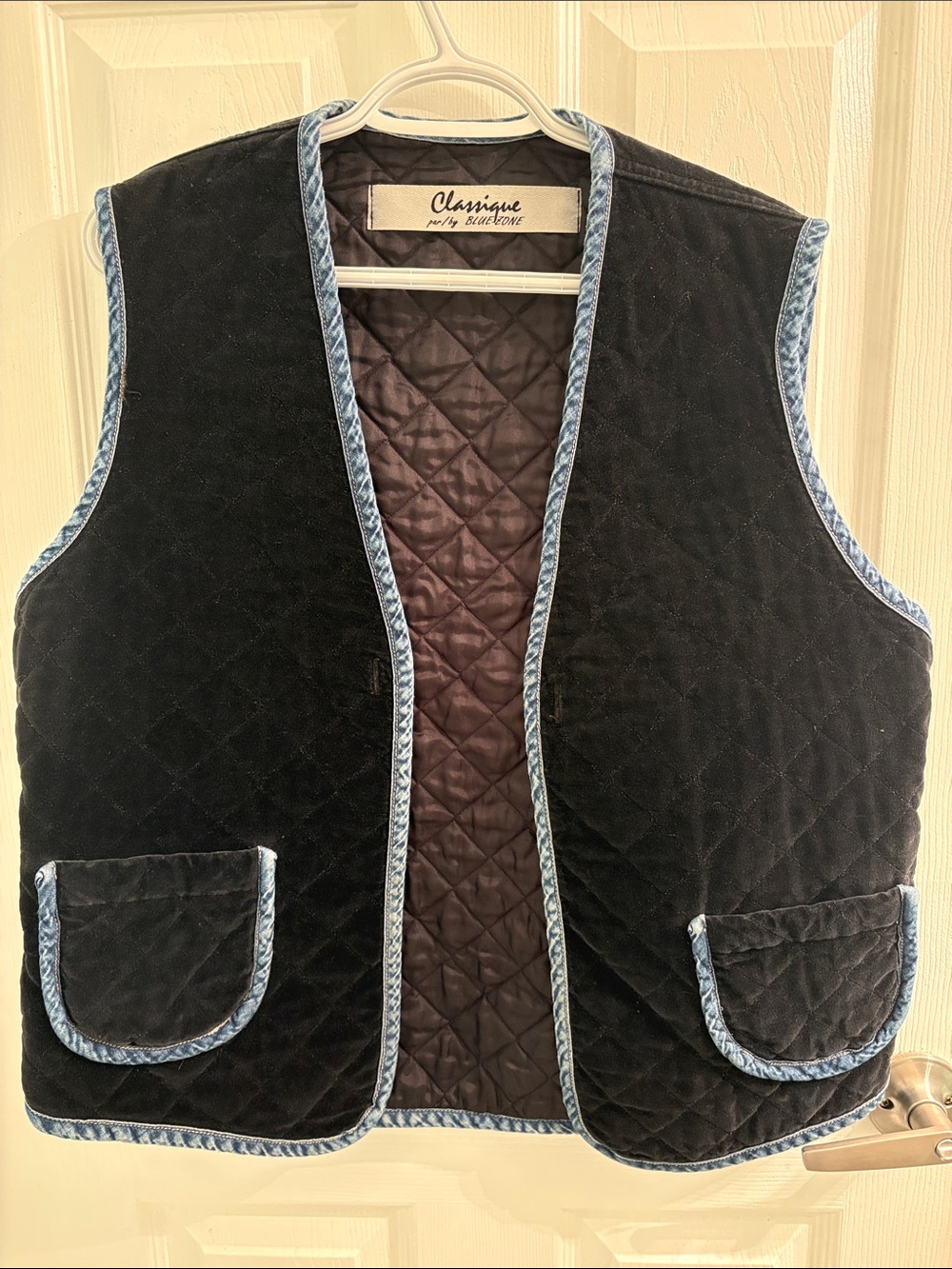 Vintage Black Quilted Vest with Blue jean Trim